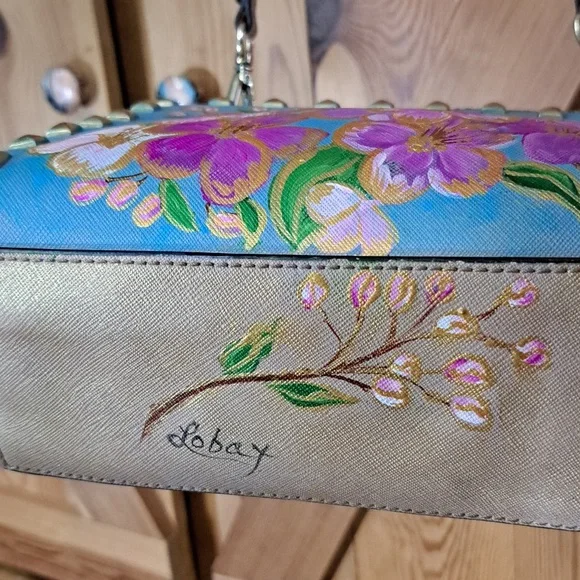 Hand Painted Purse Crossbody Bag Medium Messenger Saffiano Leather Gold Studded - Picture 10 of 15